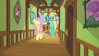 Fluttershy, Dash, and Zephyr in a cottage hallway S6E11