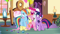 Pinkie Pie hugging all of her friends S4E18