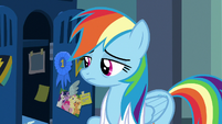 Rainbow Dash exhaustedly opening her locker S7E7