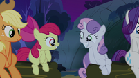 Sweetie Belle and Apple Bloom smiling at each other S3E06