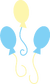 Two blue balloons with yellow strings and one yellow balloon with a blue string
