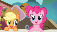 Applejack and Pinkie Pie emerges from the sheet S4E09