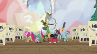 Discord and friends surrounded by skeleton puppets S6E17