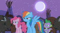Rainbow Dash, Pinkie Pie, and Spike looking worried S01E21