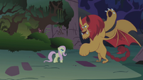 Fluttershy walking up to the manticore.