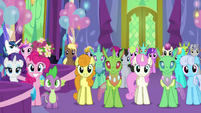 Ponies and changelings in dining hall left side S7E1