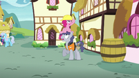 Pinkie pops out of Steam Roller's hard hat S8E3