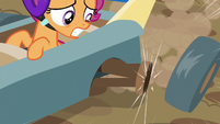 Rainbow and Scootaloo's cart loses a tire S6E14