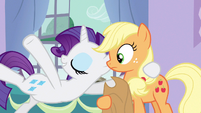 "Forever in my debt!" (Hmm, Applejack isn't sure what to think of Rarity's expression)