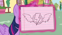 Twilight levitating a flash card showing the Wonderbolts insignia S4E21