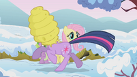 Twilight running with beehive on her head S1E11