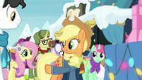 Applejack pointing at Fluttershy MLPBGE