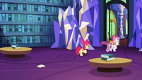 Cutie Mark Crusaders galloping out of the castle S6E19