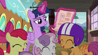 Cutie Mark Crusaders laughing at Twilight S8E6