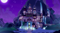 Exterior view of School of Friendship at night S8E15