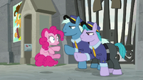 Factory guards shove Pinkie Pie away S9E14