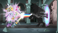 Mane Six and Pillars blast Pony of Shadows with rainbows S7E26