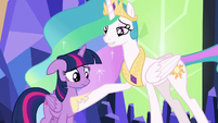 Celestia puts a hoof over Twilight's heart S7E1