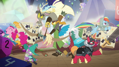 Discord, Spike, Big Mac, RD, and Pinkie jump into action S6E17.png