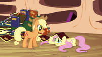 Fluttershy covers her head with a book S3E05