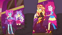 Sunset, Pinkie, and PostCrush look at guard EGSBP