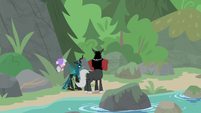 Cozy, Chrysalis, and Tirek facing the mountain S9E8