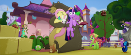 Harry hugging Fluttershy, Twilight, and Spike MLPTM