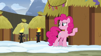 Pinkie Pie tapping on a Yakyakistan mud hut S7E11