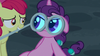 Apple Bloom holds blue filter over Sugar Belle's eyes S7E8