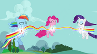 Rainbow, Pinkie, and Rarity using Elements S03E10