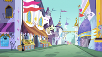 Fluttershy and Rarity entering Canterlot S9E24