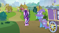 Starlight Glimmer and Trixie leaving Ponyville S6E25