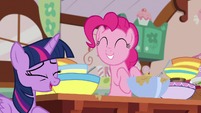 Twilight Sparkle laughing at Pinkie Pie S7E23