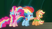 Pinkie, Rainbow and Applejack in their Rainbow Power forms S4E26