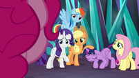 Twilight's friends all look at Pinkie Pie S9E2