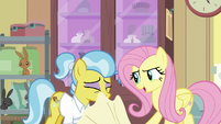 Fluttershy pulls towel off of Dr. Fauna S7E5