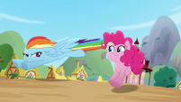 Rainbow Dash flying next to Pinkie Pie MLPRR