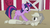 Applejack tackled to the ground by Twilight S2E02