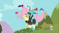 Birds lift Fluttershy to take her to Zecora's place S3E05