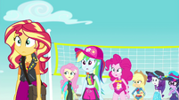 Equestria Girls looking confused at Trixie EGFF
