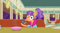 Plaid Stripes surprised while sipping soup S6E9
