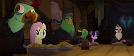 Twilight, Fluttershy, and pirates look at Dash MLPTM