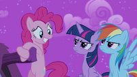 Twilight and Rainbow looking angry at Pinkie S4E14