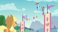 Applejack and Rainbow smile at each other S5E24