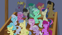 Audience of ponies cheering for Tender Taps S6E4