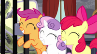Cutie Mark Crusaders grinning happily S5E6