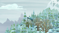 Queen Chrysalis flying toward the forests S9E8