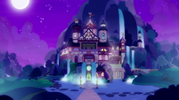 Exterior view of School of Friendship at night S8E25
