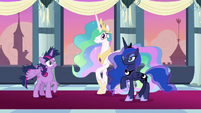 Twilight, Celestia, and Luna hear trumpets S9E26