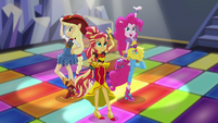 Applejack, Sunset, and Pinkie Pie on dance floor EGS1